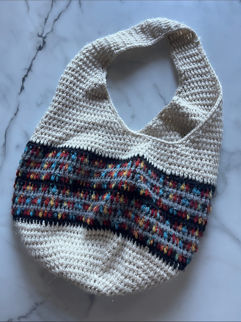 Handmade Crochet Tote Bag - Cream with Multicolor Stripe